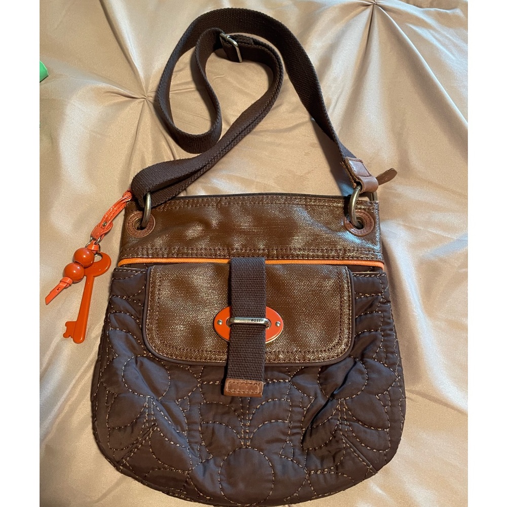 Fossil cross body Brown orange bag canvass type strap